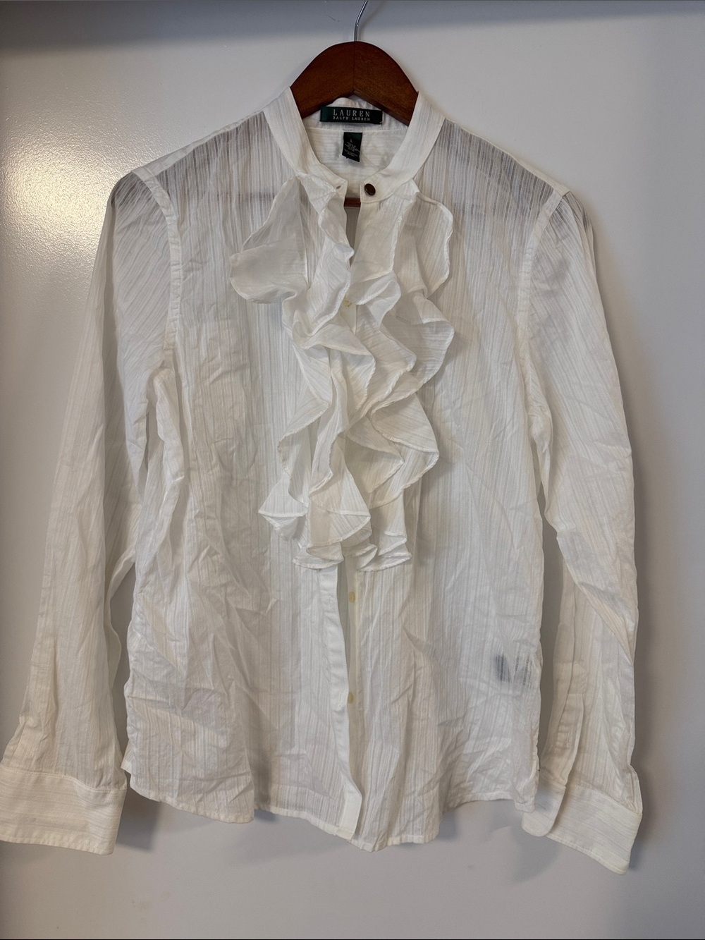 Lauren Ralph Lauren White Ruffle-Front Button Blouse